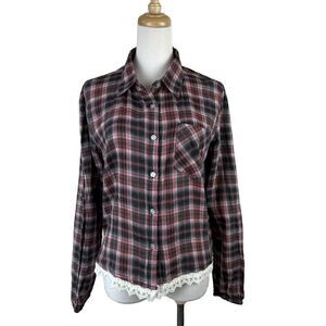 Vanilla Star Button Up Shirt Womens Size LARGE Plaid Lace Trim Collared